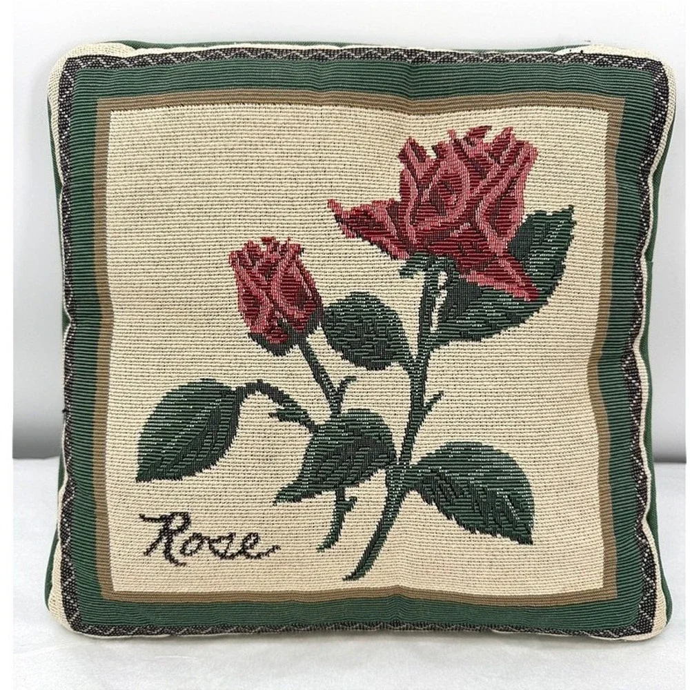 Tapestry Vintage Style Throw Pillow Rose Floral Woven Decorative Accent 12x12